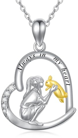 ROMANTICWORK Hase Kette 925 Sterling Silber Kaninchen und Mädchen Anhänger Halskette für immer in meinem Herze Haustierhasen Schmuck Geschenke für Damen Mädchen
