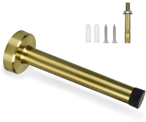 Gudui Fermaporta lungo 12,7 cm, fermaporta da parete per battiscopa in acciaio inox con punta in gomma per smorzamento del suono, protezione da parete, ottone oro