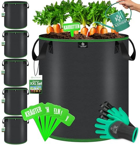 KESSER® Pflanzsack 20 Liter - 5er Set | Pflanzsäcke aus Vlies-Stoff inkl. Schildchen & Gartenhandschuhe | Kartoffel-Pflanztasche mit Fenster & Griffen | Pflanzbeutel für Gemüse Blumen Früchte Schwarz
