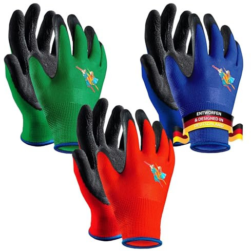 schutzmeister® Kinder-arbeitshandschuhe – hochwertige Kinder–Gartenhandschuhe – Superheldenmotiv – 3 Größen S/M/L – von 2 bis 12 Jahren – 3er-Set in 3 Farben – für Junden und Mädchen (M (5-7 JAHRE))
