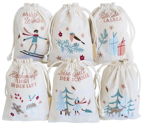 Papierdrachen Weihnachten 6 Geschenksäckchen in Beige | 13x18 cm - Edel bestickt - ideal zum Verpacken von Geschenken - cremefarben - winterliche Motive - Wiederverwendbar