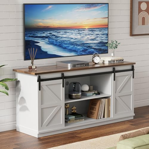 YESHOMY Farmhouse TV Stand for Televisions up to 65 Inches, Sliding Barn Doors and Storage Cabinets, Console Table and Media Furniture for Living Room, 58 Inch, White