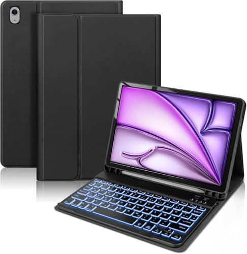 KTOITION Étui pour iPad Air 11 (M3/M2, 2025/2024) avec clavier, éclairage allemand QWERTZ avec support magnétique réglable, étui de protection amovible, noir
