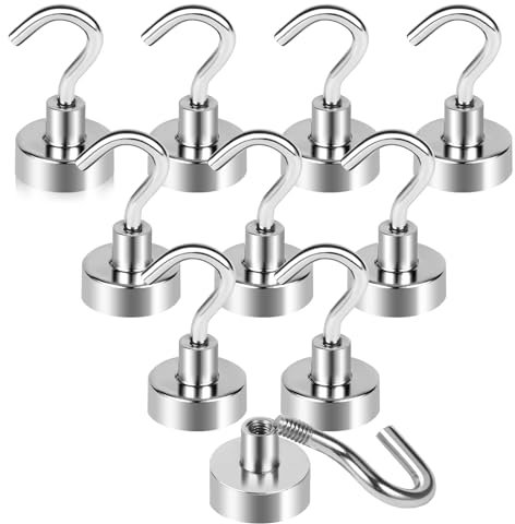 10 Pcs Magnetic Hooks Heavy Duty 35lb+, 20mm Extra Strong Magnets Hooks for Hanging, Neodymium Magnets with Hooks for Cruise Cabins Kitchen Fridge Classroom Office Van Camping Workplace (Silver)