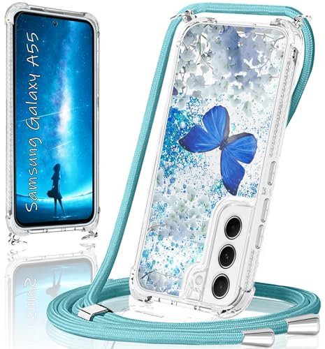 Coque pour Samsung Galaxy A55 5G avec Cordon, Coque Glitter Galaxy A55 avec Collier Housse Ultra Fine TPU Original Transparent Silicone Téléphone Portable pour Samsung A55 5G Coque Bling Antichoc Case