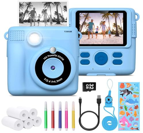 FUNKAM Macchina Fotografica Bambini Istantanea, 2,4 HD 1080P con scheda SD 32GB, 5 pennarelli, adesivi, 5 rotoli di carta, ciondolo. Fotocamera Bambini e ragazze dai 3 ai 14 anni.