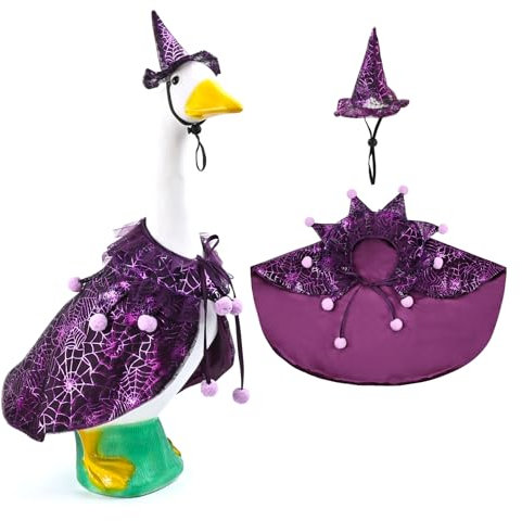Veranda Gans Outfits Halloween Gans Kostüm Spinnennetz Umhang mit Hut Rasen Hof Gans Statue Kleidung Outdoor Terrasse Statue Kunst Dekor (lila)