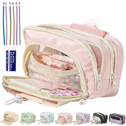 Federmäppchen mit großem Fassungsvermögen, Federtasche mädchen 3 fächer, Leinwand kawaii mäppchen ästhetisch, 3 fach federmappe für mädchen, Resistent gegen Schmutz, Design der Frontscheibe (Pink)