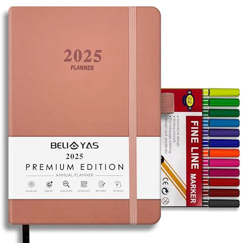 Agenda Giornaliera 2025, Diario di BELIAYAS con Passante per Penna, Chiusura Elastica, Copertina Rigida in Pelle PU, 12 Mesi, 12 Colori Fineliner (0.4mm), A5, Intervalli di 1h, 201 Pagine, Rosa
