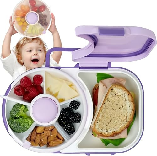 Bewinner Kinder Snackbox mit Fächern und Deckel, Multifunktionale Baby Snack Spinner mit Tragbarem Box Set, Sicher Versiegelter Snackteller für Kleinkinder, Zuhause (Violett)