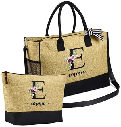 Grovjewfit Bolso Tote de Lona Personalizable con Inicial y Flores, Bolsa de Compras con Bolsillo Interior, Incluye Bolso de Cosméticos, Regalo para Mujer (Estilo 1)