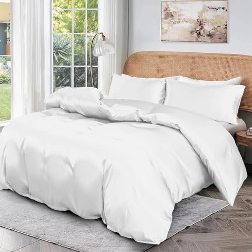 Roseley 100% BAMBOO Duvet Cover Set 300TC Organic Hypoallergenic Bed Linen Breathable Natural Fabric Temperature Regulating Machine Washable & Sustainable Bedding [White, Super King]