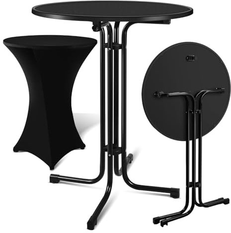 Sonnewelt Stehtisch klappbar Ø80cm mit Husse – Rund Partytisch für Indoor & Outdoor, Höhe 110cm, wetterfester Gartentisch, höhenverstellbare Füße, schwarz