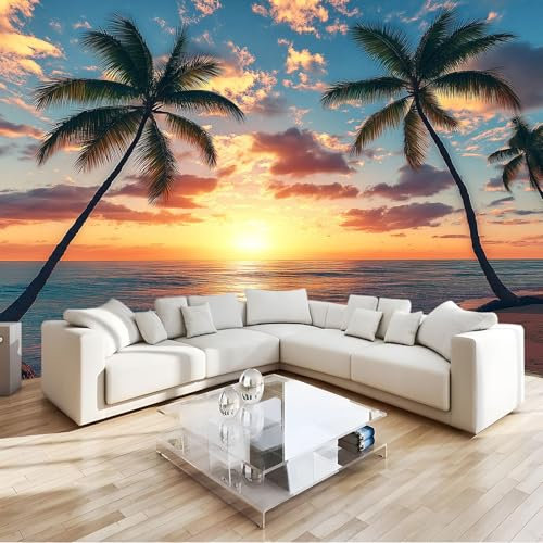 Fototapete Fotografie Strand Sonnenuntergang mit Palme Bäume Wandtapete für Schlafzimmer und Wohnzimmer - 250 x 175 cm Vliestapeten Geruchsfreiheit - Wandbild mit für Kinderzimmer