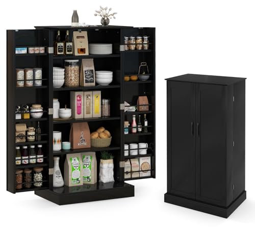 KOMFOTTEU Armario de Almacenamiento con Doble Puerta, Aparador de Cocina con 16 Estantes, Mueble Auxiliar de Madera Antivuelco, Armario de Despensa para Salón, Comedor, 60 x 40 x 120 cm (Negro)