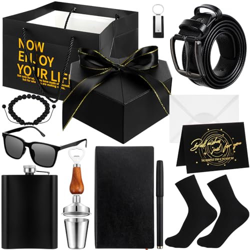 LOYIM 15 Pcs Dad Party Gift Set for Men Birthday Basket Gifts Hip Flasks Bottle Opener Shot Glass Wallet Belt Bracelet Socks Keychain Pen Journal Gift Box for Dad Anniversary Birthday