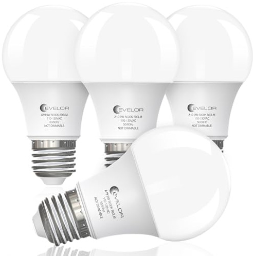 evelor A19 LED Light Bulbs,60 Watt Equivalent Daylight 5000K with E26 Base,Efficient 9W,800 Lumens Non-Dimmable LED Bulbs,15000 Hours, Ideal for Bedroom Living Room, 4-Packs