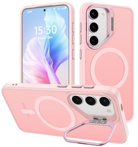 Cover Cavalletto per Samsung Galaxy S23 Compatibile con MagSafe, Magnetica Custodia per MagSafe con Supporto Fotocamera Integrato Traslucida Opaca Posteriore Sottile Antiurto Case, Rosa