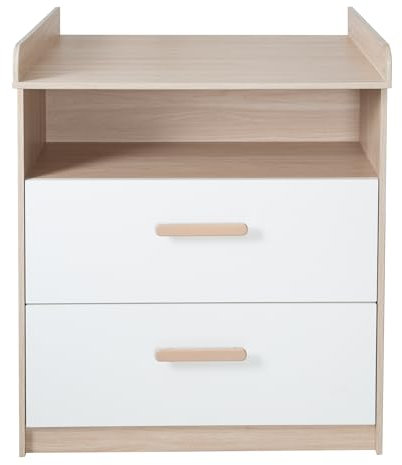 roba Wickelkommode Cabane mit abnehmbarem Aufsatz - Offenes Fach + 2 Schubladen mit Vollauszug - Mitwachsende Babykommode - Griffe aus Holz - Weiß/Eiche