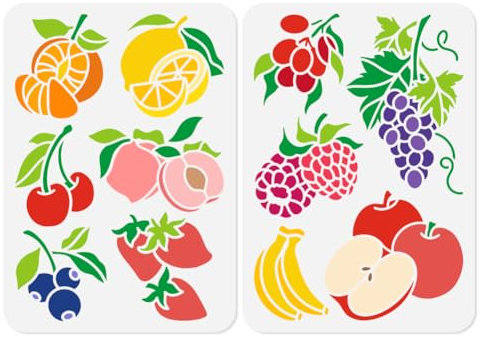 DOODLREAM 2pcs Fruit Wall Stencil Templates, 29.7 x 21cm Orange Peach Cherry Reusable Plastic Stencil for Painting on Wood Floor Tile Fabric Glass Furniture, Lemon Apple Grape DIY Home Decor Template