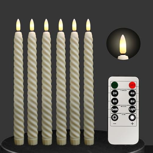 LED Stabkerzen Set, 6er Pack Flammenlose Kerzen mit Fernbedienung & Timer, Batterie betrieben, Warmweiß Flackernd, Weihnachtsdeko, Hochzeit, Halloween, Kamin, Party, 2 x 25 cm (Beige)