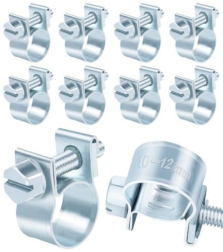 Jeboler 10 Pcs Small Hose Clips 10-12mm, Mini Fuel Line Pipe Hose Clamp, Adjustable Fuel Injection Style Repair Clamp, Zinc Plated Tube Clamps for Automotive Diesel Petrol Pipe