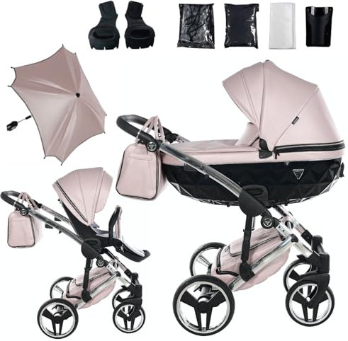 Junama Passeggino TRIO Diamond Fluo 06 Rosa e Argento - 2in1 3in1 4in1 + ombrellino (2 in 1 con Adattatori)