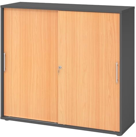 bümö Schiebetürenschrank 3OH - Aktenschrank abschließbar, Sideboard Schrank mit Schiebetüren in Graphit/Buche, Relinggriff - Büroschrank aus Holz mit Schiebetür, Büro Kommode für Ordner & Co.