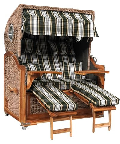 Webavita Strandkorb Bali Teakholz | 2,5-Sitzer | Montiert | Geflecht Grau | Bezug Grün Kariert | Halblieger | Beach Chair für den Garten Terrasse Balkon