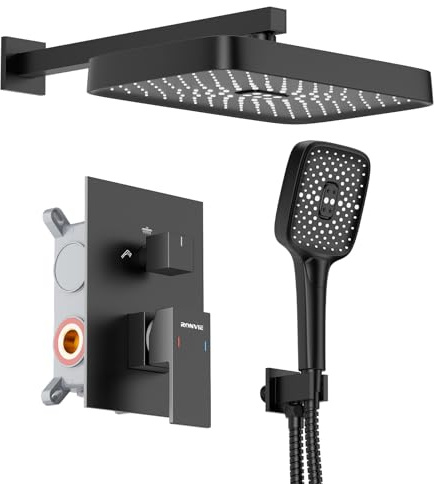 Ronvie Unterputz Duscharmatur Set, 12 Zoll Quadratischer Duschsystem Unterputz mit Regendusche, Duschset Unterputz Komplettset mit Handbrause Schwarz