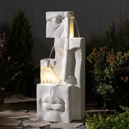 Bumilgar Garden Water Features with LED Lights,89cm Modern Resin Waterfall Fountain Outdoor,Contemporary Face Garden Water Feature for Yard, Balcony, Home Decor, Patio Fountian and Waterfalls, White
