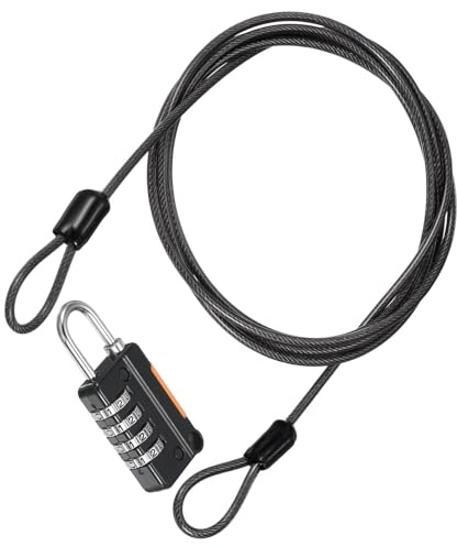 TA-VIGOR Security Steel Cable with 4 Digit Combination Lock, 5Ft Coated Safety Wire Rope Padlock with Double Loop, Flexible Luggage Lock for Outdoor Travel, Suitcase and Baggage, Black