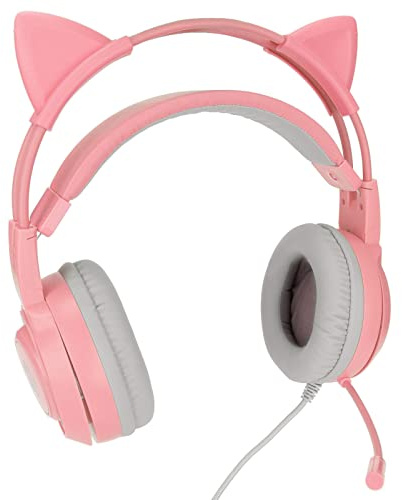 Auricolare USB+3.5mm con Luci di Respirazione e Microfono Muto, Orecchie di Gatto, Supporta Controllo Volume, Adatto per Laptop, PC, PS4, Designed for Gaming e Studi, PINK