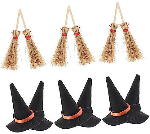 FUNOMOCYA 12pcs Mini Witch Hats and Brooms Black Felt and Red String Miniature Doll House Supplies Halloween Landscape Decorations for Party Crafting
