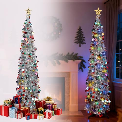 Pop Up Christmas Tree with Lights, 5ft Collapsible Christmas Tree, Pop Up Xmas Trees with Stand for Xmas Outdoor Indoor Home Decoration