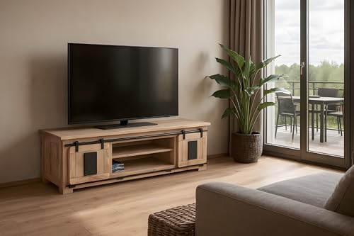 SAM Lowboard Libro VII 180x55x50 cm, Akazie Natur, TV-Board/Fernsehkommode | mit 2 Holzschiebetüren, 2 Schubfächer & 5 offenen Fächern, Türelemente & Reling aus Eisen, Akazienholz naturfarben & massiv
