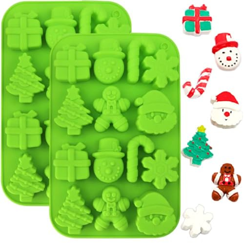 CHarmeFleur Molde de silicona 2 piezas, Molde de árbol de Navidad, Muñeco de nieve, Santa, Nieve, Molde para pasteles, jabón, dulces, chocolate, muffin, gelatina, moldes