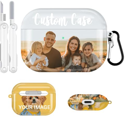 Individuelle Foto-Hülle für Airpods Pro 3 (2025)/Pro 2/Pro mit Reinigungsset und Schlüsselanhänger, personalisierbar, Airpod Pro 3. / 2. / 1. Generation, glänzend, Premium-Druck, Bild, Text, Name auf