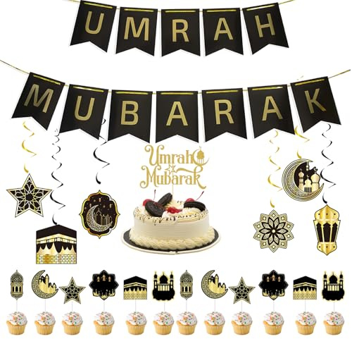 20-teiliges Umrah Mubarak Deko, Schwarz Goldene Hajj Mubarak Deko, Ramadan Deko Set mit Buchstaben Banner, Spiraldeko und Kuchenaufdeko, Umrah Mubarak Dekoration für Ramadan, Eid Und Umrah-Feiern
