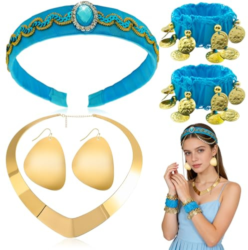 Ourdort Prinzessin Kostüm Damen & Mädchen,Prinzessin Stirnband Ohrringe Kette Armband Kostüm,Mädchen Stirnbänder mit großem Kristall,Schmuck Set für Halloween, Fasching & Karneval Kostüm