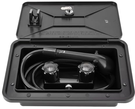 RV Outdoor-Duschbox mit abschließbaren Wasserhahn und Schlauch – Outdoor-Dusche für Camping, Wohnmobil, Garten – Komplettset in Schwarz