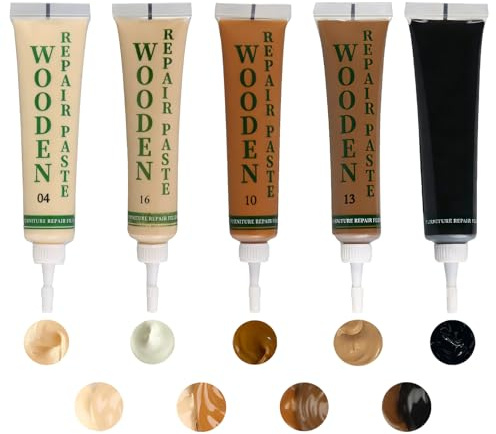 5Pcs Laminate Floor Repair Kit Oak Wood Furniture Filler for Scratches Cracks Holes Stains Discoloration Pet Claw Marks Easy DIY Home Office Wooden Furniture Fixer, Light to Dark Brown