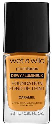 Wet n Wild Photo Focus Dewy Foundation, Flüssiges Make-up Feuchtigkeitsspendend Normal/Trocken, Kein Flashback, Strahlendes Finish Aufbaubar, Caramel