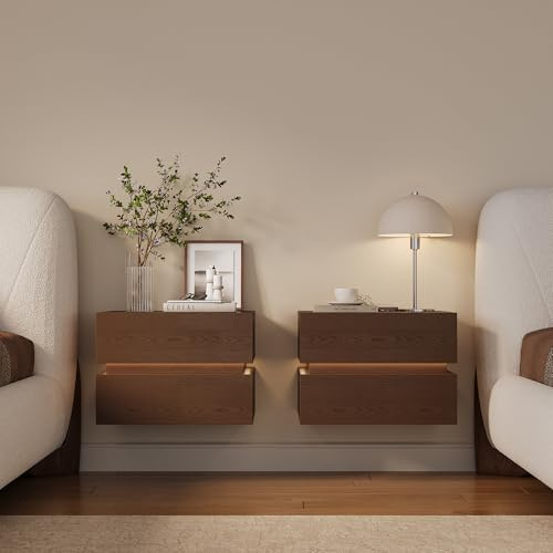 Homary Nachttisch 2er Set Schwebender Nachttisch mit 2 Schubladen, Lumio Nachttisch wandmontage mit LED-Beleuchtung und Ladestation, ideal als nachttisch hängend im Schlafzimmer in Walnuss, 2er Set