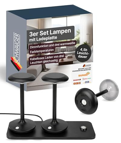 SCHWAIGER Tischleuchte 3er Set mit Ladeplatte I LED Tischlampe mit Ladeplatte I dimmbare Akku Leuchte mit 3 warmweißen Farbtemperaturen I Aufladbare LED I IP44-geschützt für Innen & Außen