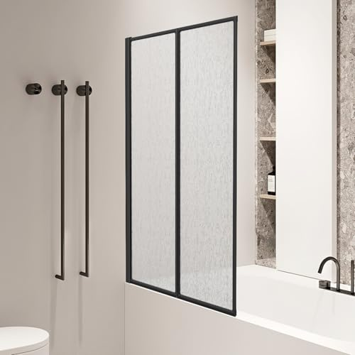 Monucep Duschwand für Badewanne 100x140 cm 2-teilig faltbar, PS-Kunststoff | Schwarzer Aluminiumrahmen, Mattstruktur, splittersicher, platzsparender Spritzschutz für kleine Badezimmer