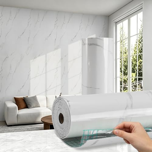 Trafagala 3 Roll Thick Self Adhesive Bathroom Wallpaper Waterproof White Marble Vinyl Wrap Damp Proof Foil Backed Anti Mould Wall Covering Thermal Wallpaper Peel and Stick to Cover Bad Walls Kitchen