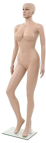GeenYuu Schaufensterpuppe Dame mit XXL-Brüsten und drehbarem Kopf, Beige Polypropylen Mannequin 180 cm mit Glassockel und Aluminium Ständer für Boutique Laden Präsentation