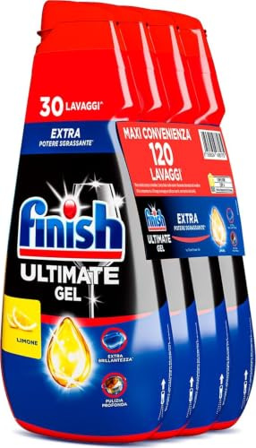 Finish Ultimate Gel, Detersivo per Lavastoviglie, 120 Lavaggi, 4 confezioni da 30 Lavaggi, Limone, Extra Potere Sgrassante, Extra Brillantezza, Pulizia Profonda