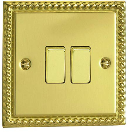 Varilight Double Light Switch 2-Way - Classic Georgian Brass With Polished Brass Rockers